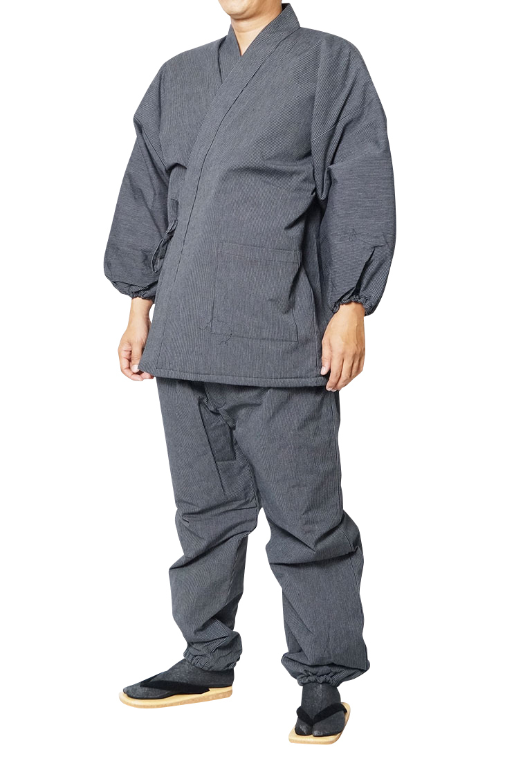 最初の  【ひめか】作務衣 黒縞　Ｌ テイジン 日本製 キルト中綿入り作務衣 冬用 作務衣
