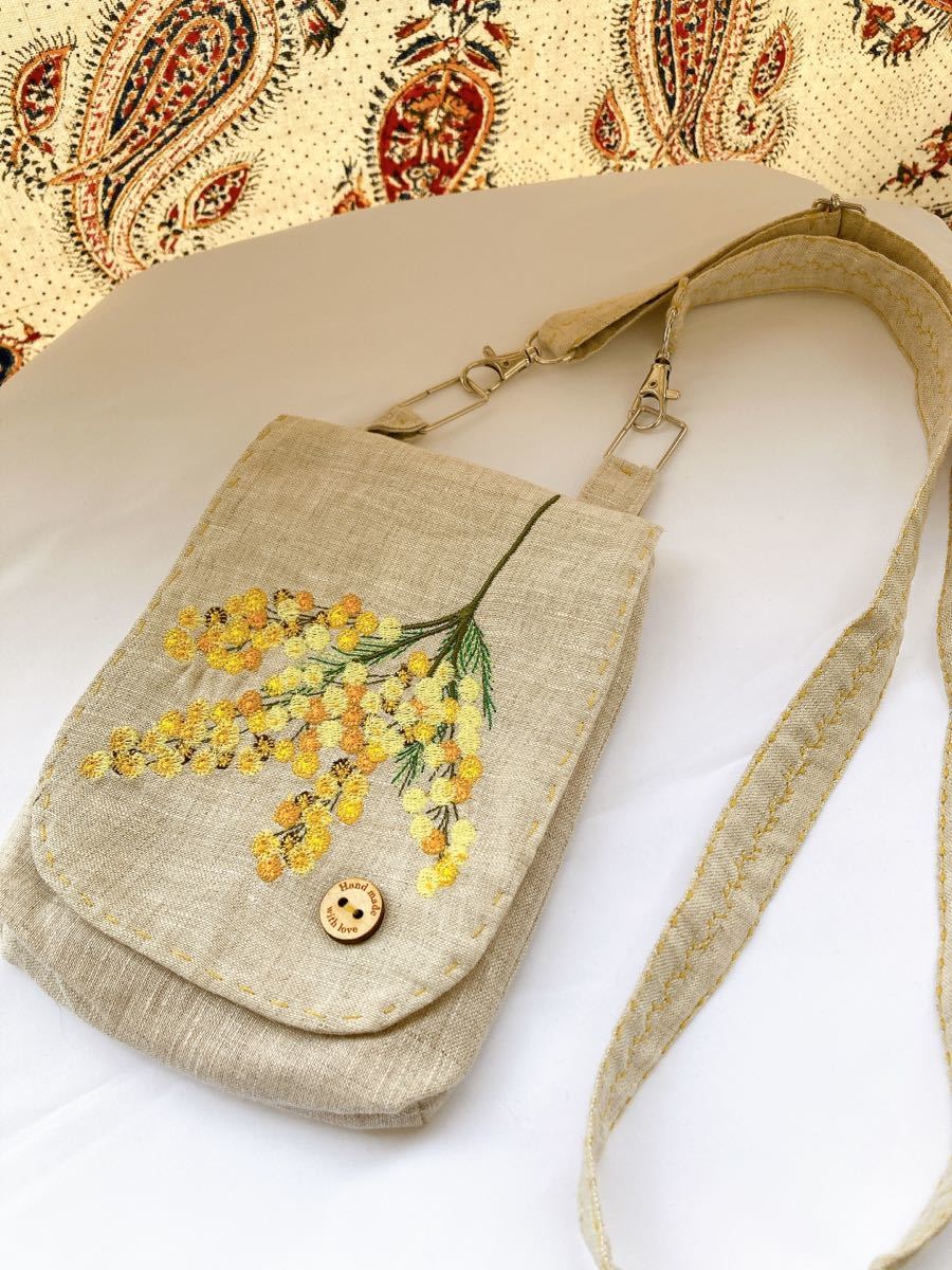 ヤフオク! - ミモザ お花 パッチワーク ショルダーバッグ リネン刺繍ハ...