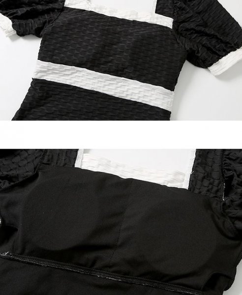 XL 黒 スカート 袖付き バイカラー バイピング ワッフル 韓国 ワンピース シフォン 水着 大人 体型カバー パフスリーブ jewels dholic tika_画像8