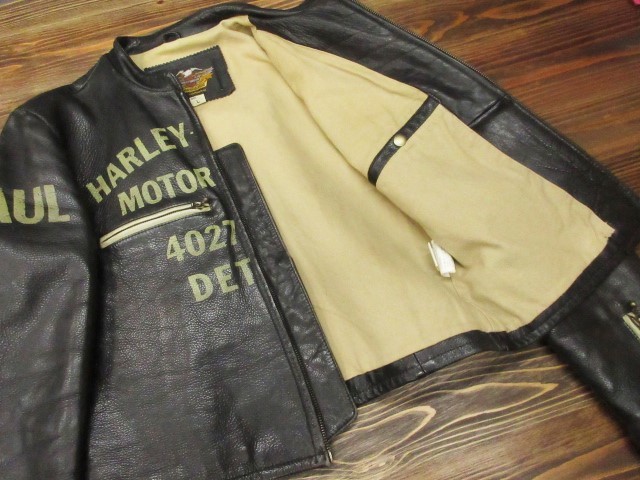 L ハーレーダビッドソン HDC 90年代 レザー ジャケット ショート丈 改 ( 革ジャン ライダース Harley-Davidson プリント 38 40_コットン裏地　袖裏地はポリエステル