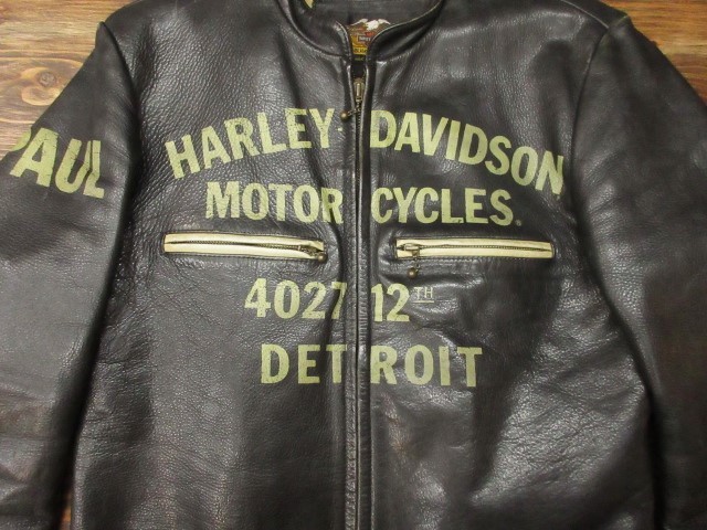 L ハーレーダビッドソン HDC 90年代 レザー ジャケット ショート丈 改 ( 革ジャン ライダース Harley-Davidson プリント 38 40_胸と右上腕のプリント
