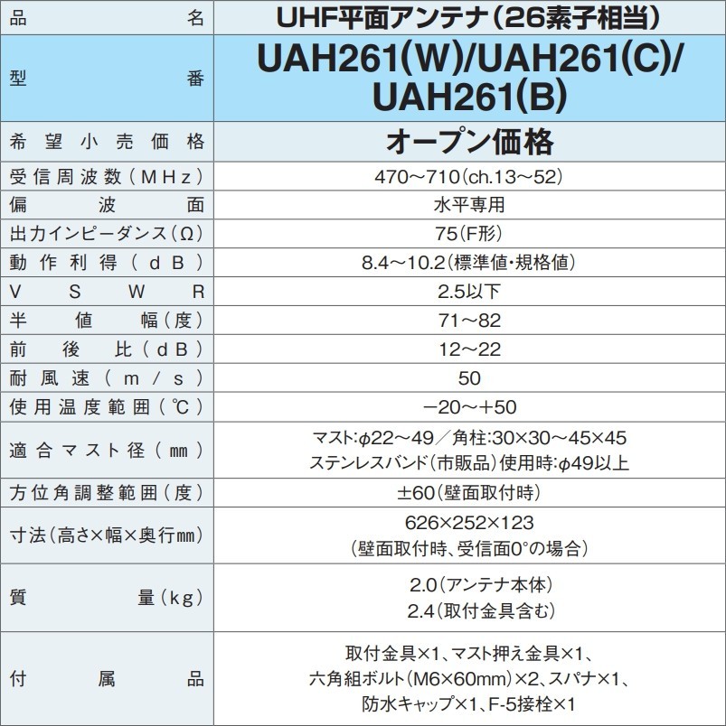 地デジ UHF平面アンテナ 26素子相当 DXアンテナ UAH261(W)(C)(B) (旧UAH900)