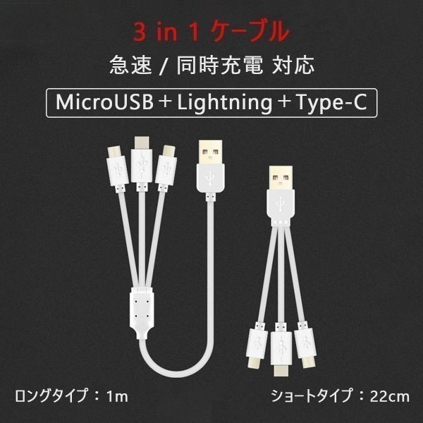 1mロングタイプ 3in1ケーブル Lightning Type-C MicroUSB ケーブル 急速充電 同時充電対応 送料無料 1ヶ月保証「USB-LINE3P-L.D」の画像2
