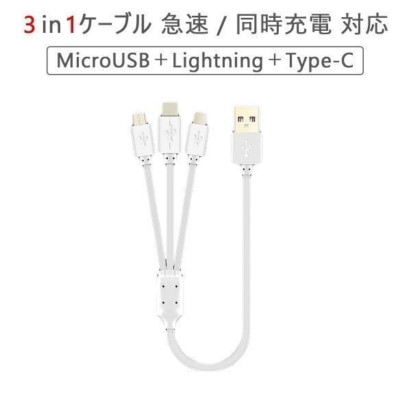 1mロングタイプ 3in1ケーブル Lightning Type-C MicroUSB ケーブル 急速充電 同時充電対応 送料無料 1ヶ月保証「USB-LINE3P-L.D」の画像1