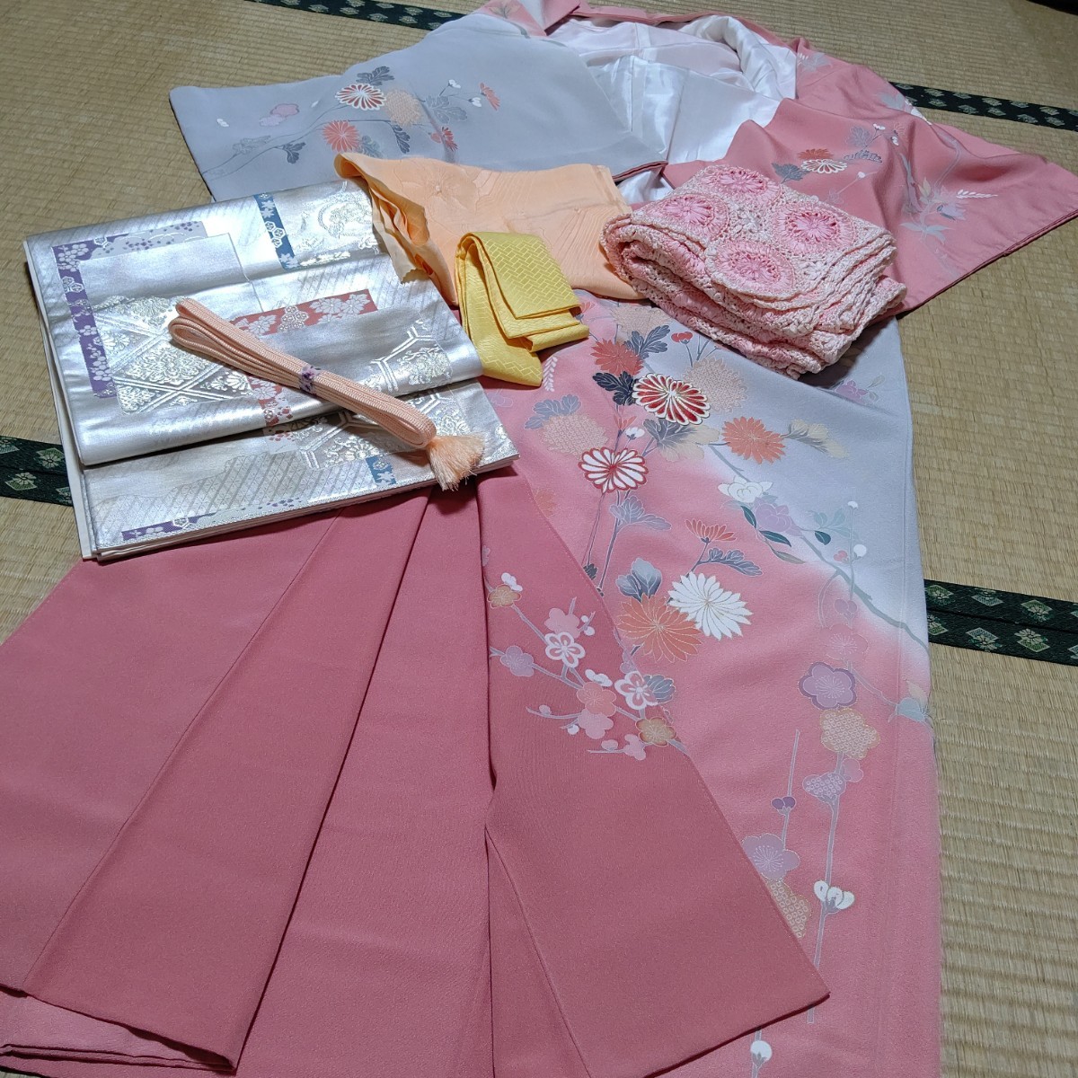 正絹 菊 梅 金駒刺繍 暈し グラデーション 袷 訪問着5点セット-