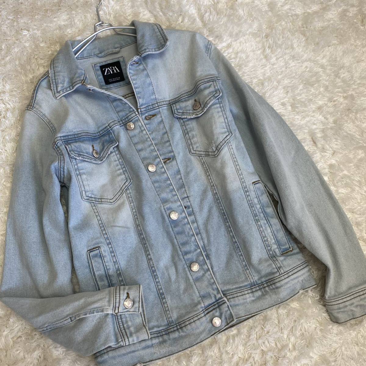 ストレッチ【ZARA】ダメージ加工デニムUSA-Sボタン刻印ポケット4つザラ デニムジャケット DENIM Gジャン ジージャンMサイズ メンズ伸縮性