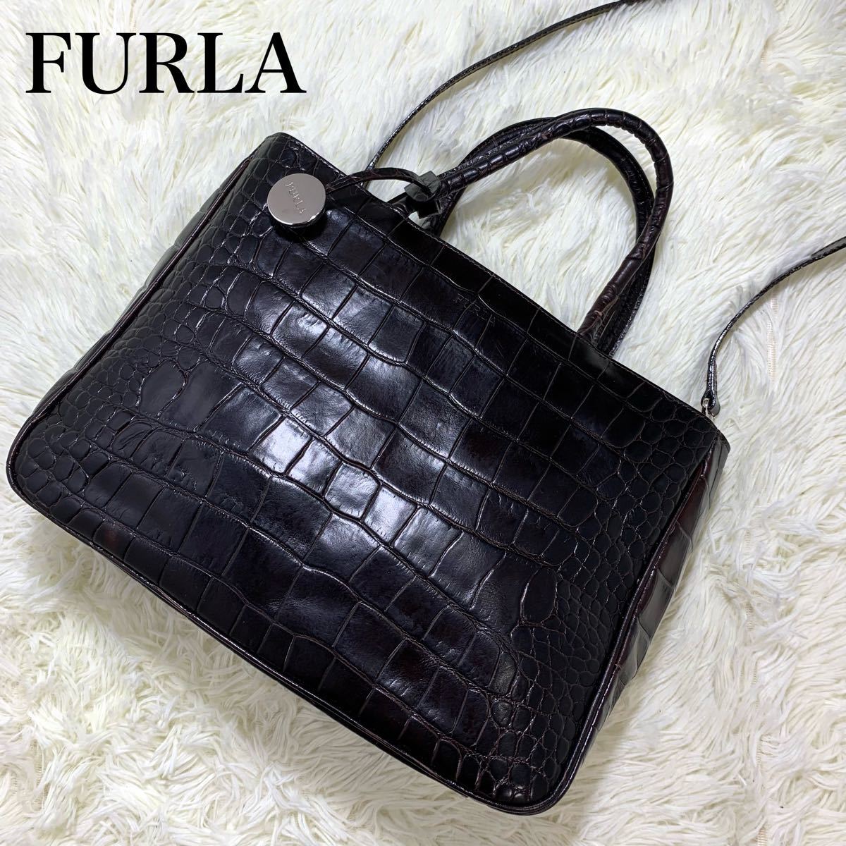 美品 FURLA フルラ クロコ型押し 2way ハンドバッグ ショルダー 美品 FURLA フルラ クロコ型押し 2way ハンドバッグ ショルダー