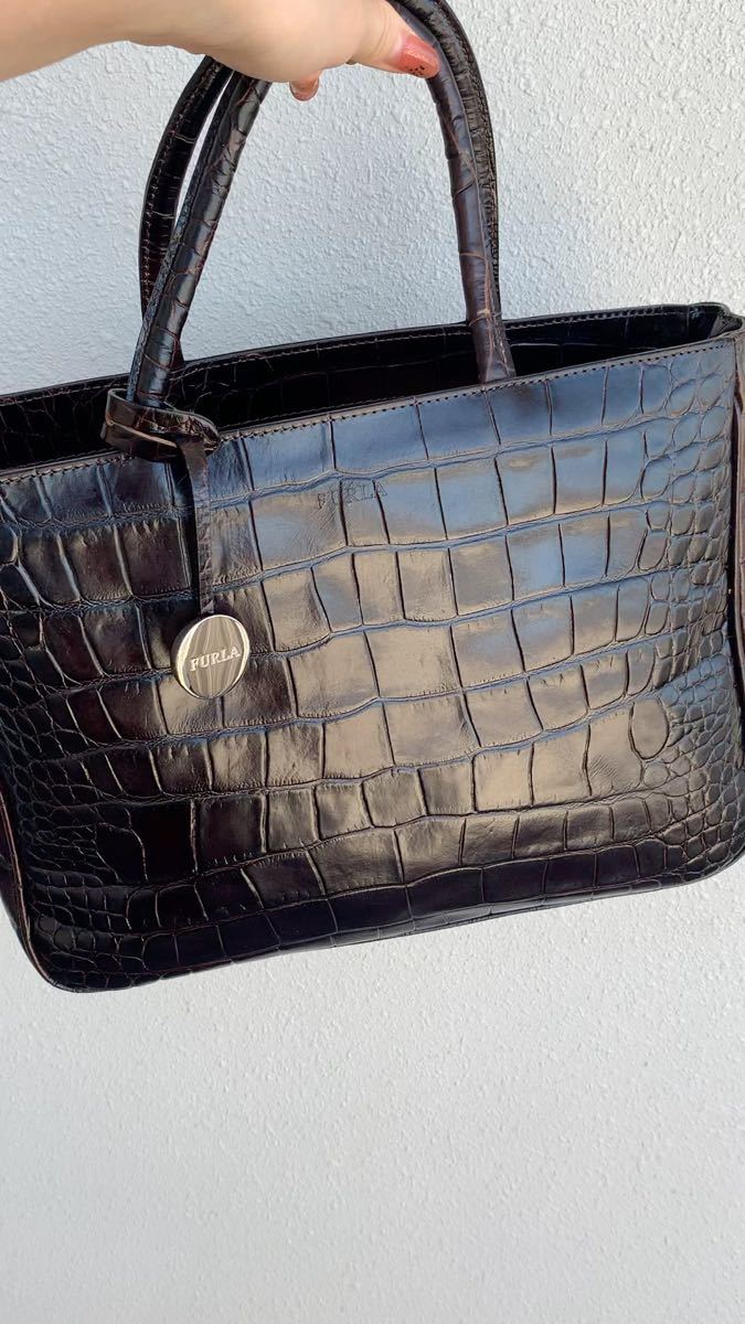 美品 FURLA フルラ クロコ型押し 2way ハンドバッグ ショルダー 美品 FURLA フルラ クロコ型押し 2way ハンドバッグ ショルダー