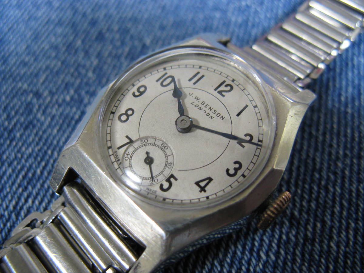 1946年製 J.W. BENSON/J.W.ベンソン 銀無垢 オクタゴン(八角形)デ二ソンケース 英国アンティーク手巻腕時計 稼働品 OH済み