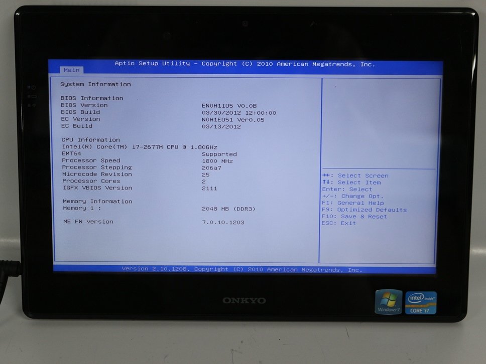 ジャンク品 タブレット 11.6インチ ONKYO TW3A-A31C79H Model：MS-N0H1 Core i7第2世代 メモリ2GB SSD無 起動確認済 代引き可