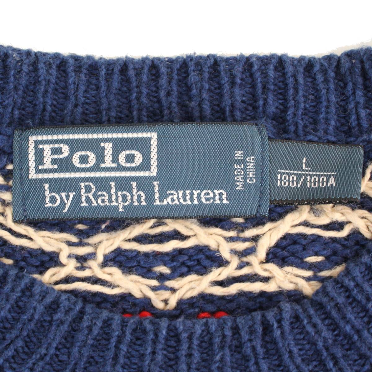 (11147)良品Polo by Ralph Lauren ポロ ラルフローレン ニット セーターL (綿麻 ニット 柄 (オールド ヴィンテージ  紺タグ 90s 00s RRL)