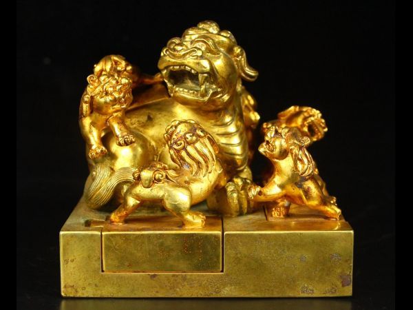 「清代 古銅彫 塗金九獅套印」旧銅器 置物擺件 賞物 中国古美術 旧蔵出