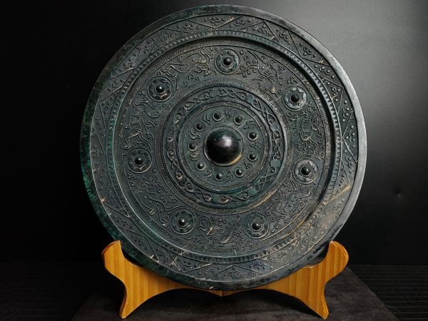 「漢代 青銅器彫 竜舉銅鏡」青銅器 置物擺件 賞物 中国古美術 旧蔵出