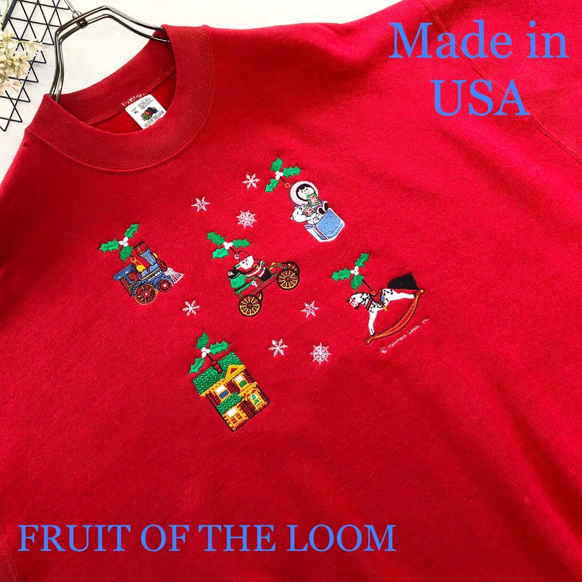 【クリスマス刺繍】フルーツオブザルーム USA 長袖 スウェット アメリカ古着  ビンテージ トレーナー ビッグサイズ