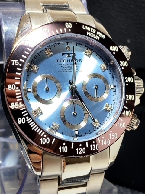 限定カラー コスモグラフ 新品 テクノス TECHNOS 正規品 クロノフラフ 腕時計 天然ダイヤモンド付き アイスブルー ダイバー腕時計 メンズ_画像4
