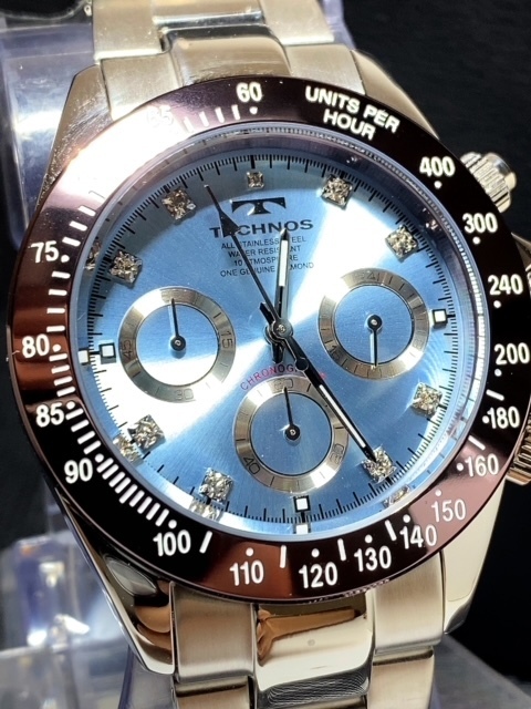限定カラー コスモグラフ 新品 テクノス TECHNOS 正規品 クロノフラフ 腕時計 天然ダイヤモンド付き アイスブルー ダイバー腕時計 メンズ_画像3