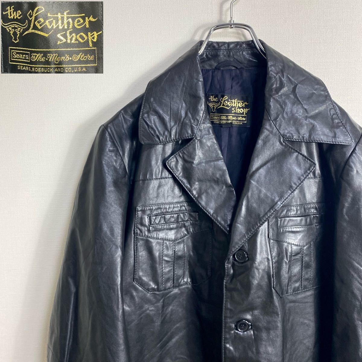 【即決】★ the leather shop sears ★ レザー ハーフコート カーコート ジャケット ビンテージ 本革 シアーズ社 80's〜  古着 ブラック 44