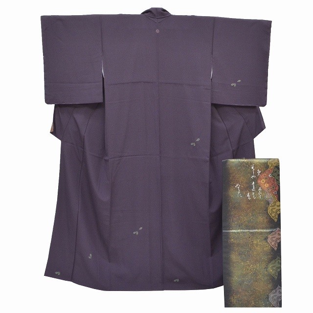 付下げ セット 着物 帯 正絹 仕立て上がり 未使用品 裄64.5cm 身丈157.3cm 紫色系 花びら文様 mm1884b