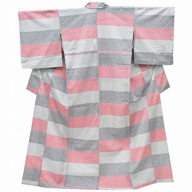 【返品送料無料】 交織 リサイクル着物 単衣 小紋 仕立て上がり rr1003b グレー系 ピンク ふくれ織 女性 仕立て上がり