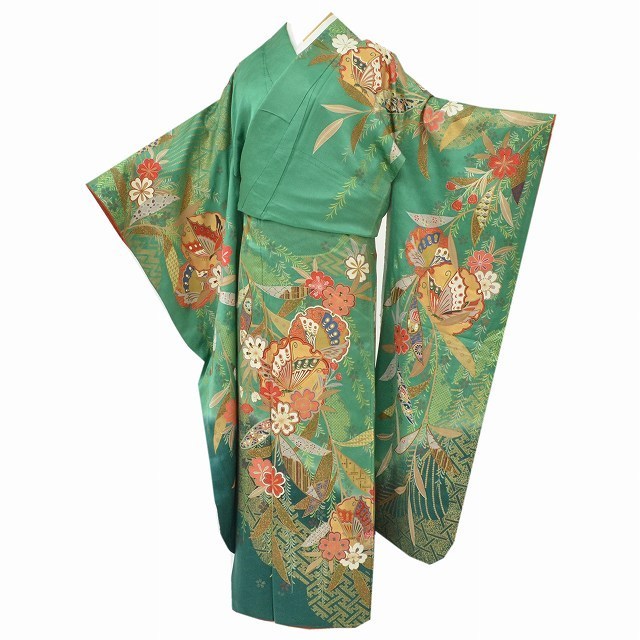 【メール便無料】 仕立て上がり 正絹 振袖 単品 qq0247b 特品★★★★ 蝶文様 緑色系 ちょっとふくよかL 身丈172cm 裄66cm 金駒刺繍 振袖 【メール便無料】 仕立て上がり 正絹 振袖 単品 qq0247b 特品★★★★ 蝶文様 緑色系 ちょっとふくよかL 身丈172cm 裄66cm 金駒刺繍 振袖