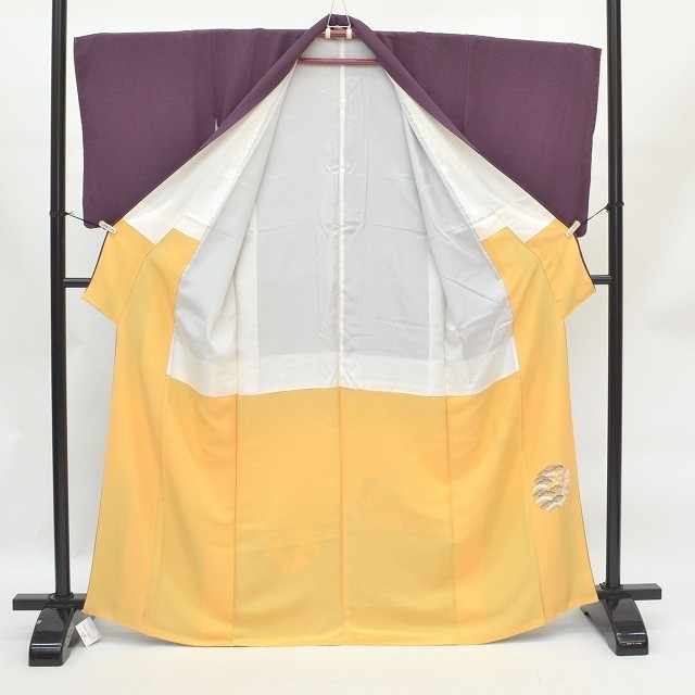 色留袖 正絹 仕立て上がり 一つ紋 紫 緑 黄色系 落款有 裄67cm 身丈158cm mm2991b_画像3