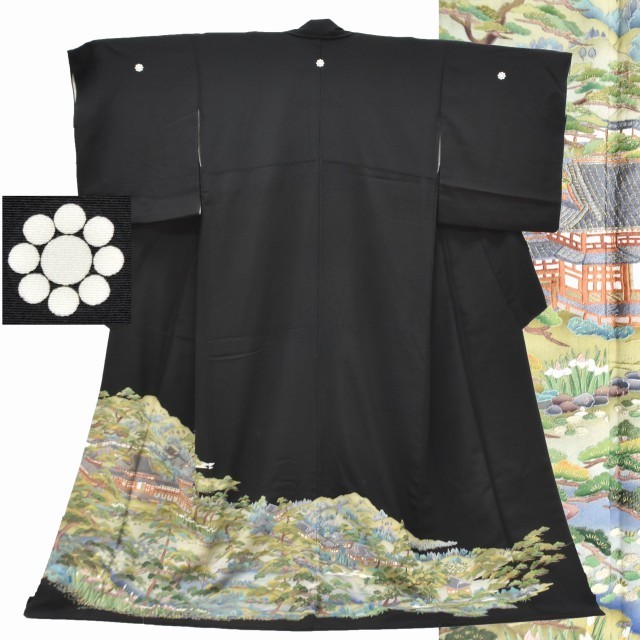 人気が高い  黒留袖 正絹 ii3509c トールサイズ 黒系 裄65.5cm 風景文様 刺繍 特選 比翼付き 五つ紋 リサイクル着物 留袖