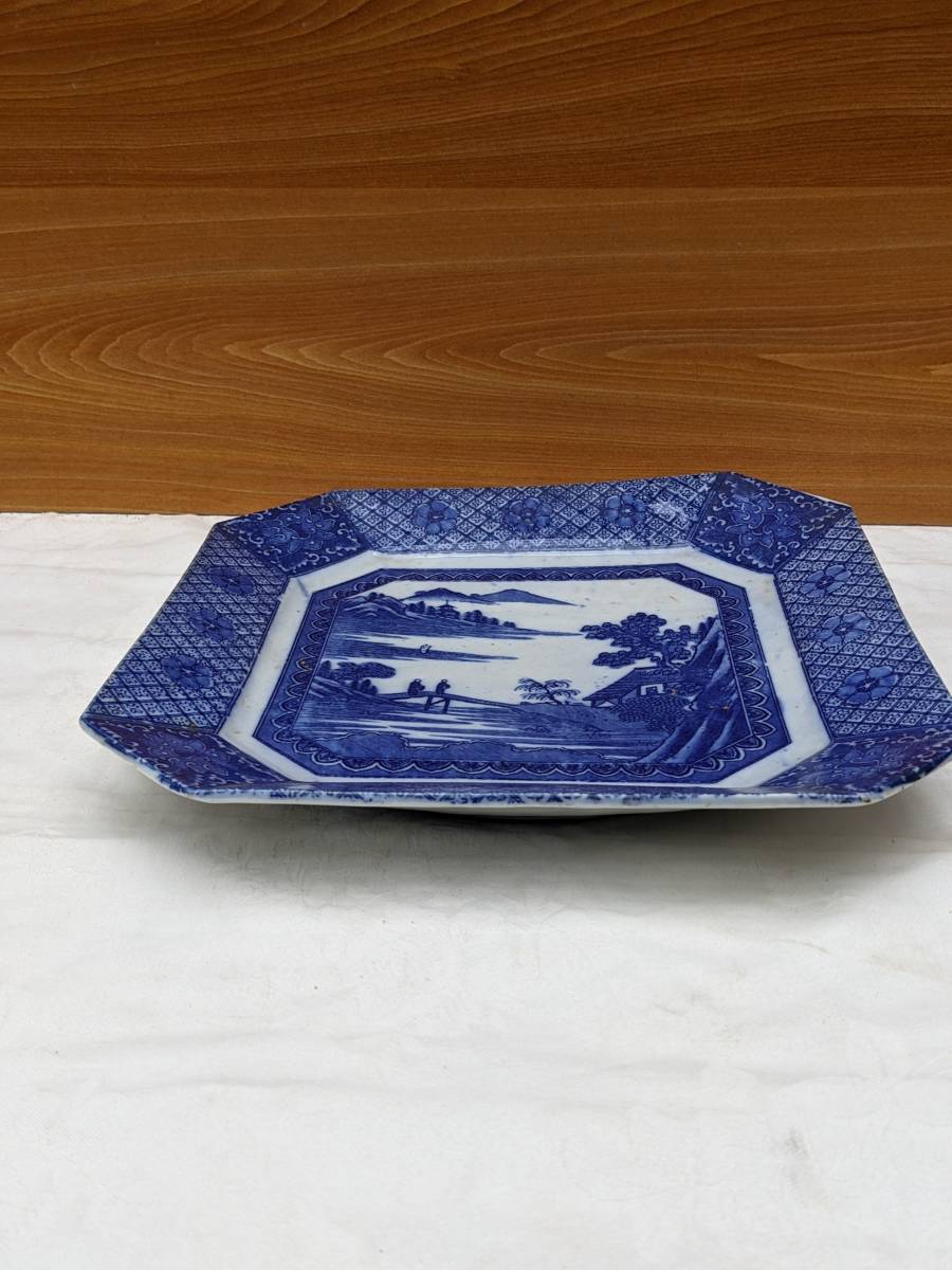 古伊万里　八角皿　染付　風景図　時代物　骨董品_画像6