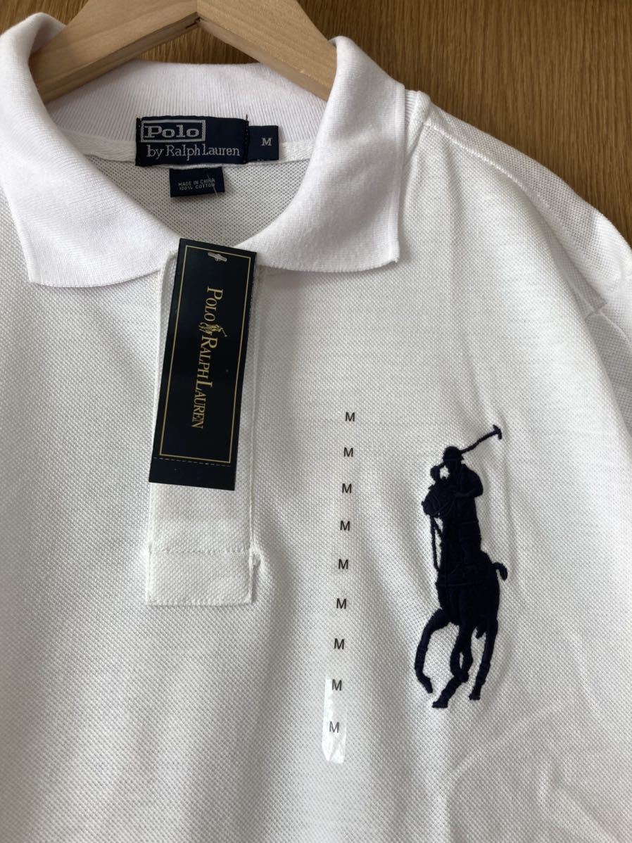 新品 未使用 タグ付き☆ polo ラルフローレン ビッグポニー M メンズ ポロシャツ 半袖 鹿の子 白 ネイビー刺繍_画像3