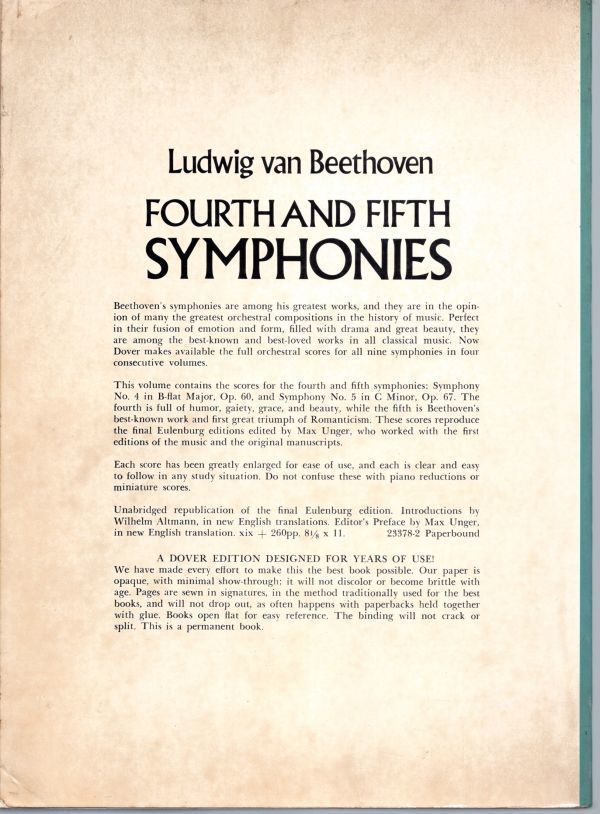 4&5thSymphonies Ludwig van Beethoven in FullOrchestralScore Dover