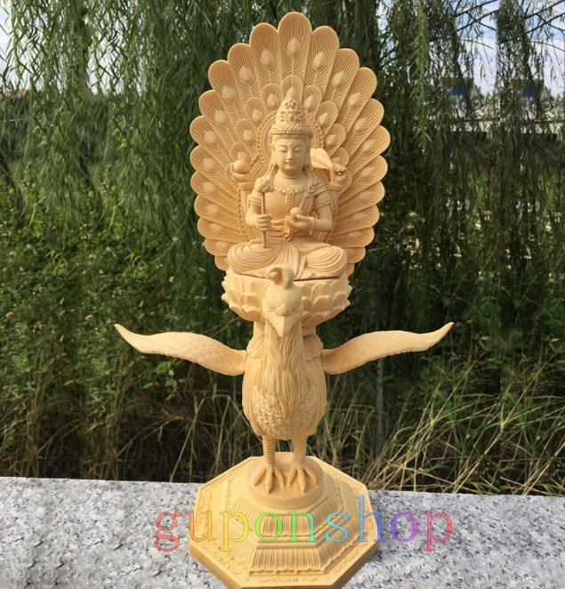 極上品 孔雀明王菩薩座像 総檜材 仏教工芸品　木彫仏教　精密彫刻　仏師で仕上げ品_画像1