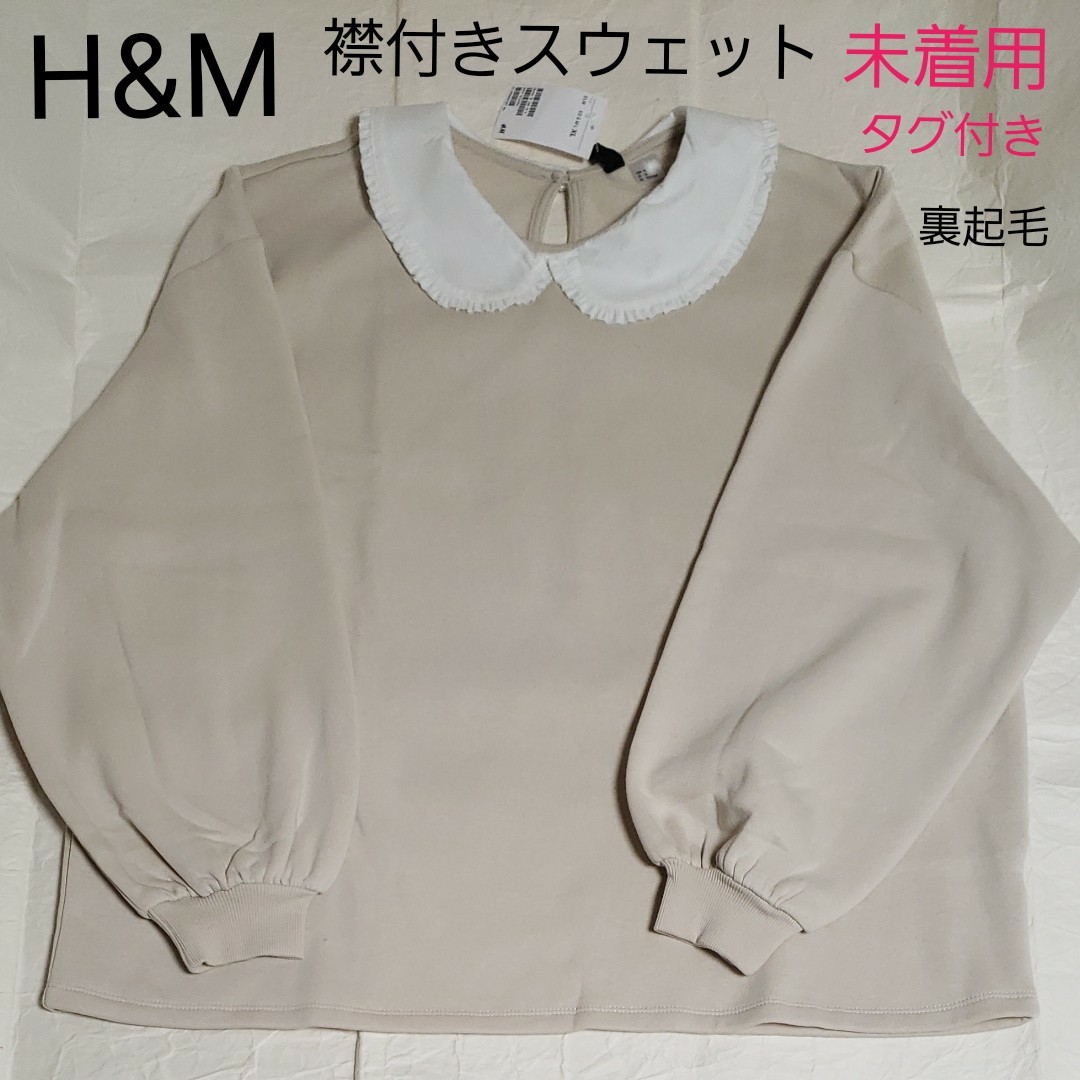 未着用 H&M スウェット 襟付き 長袖 トップス 裏起毛 フリル 丸襟 白襟 ベージュ XL 新品 タグ付き エイチアンドエム