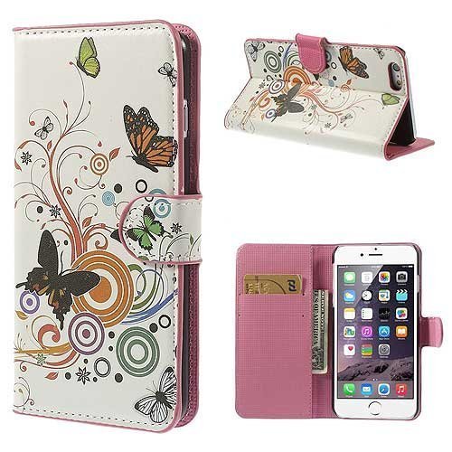 iPhone 6plus 手帳型 ケース 花と蝶々 カラフル アゲハ 桃色 ピンク 財布 保護フィルム アイフォンケースの画像1