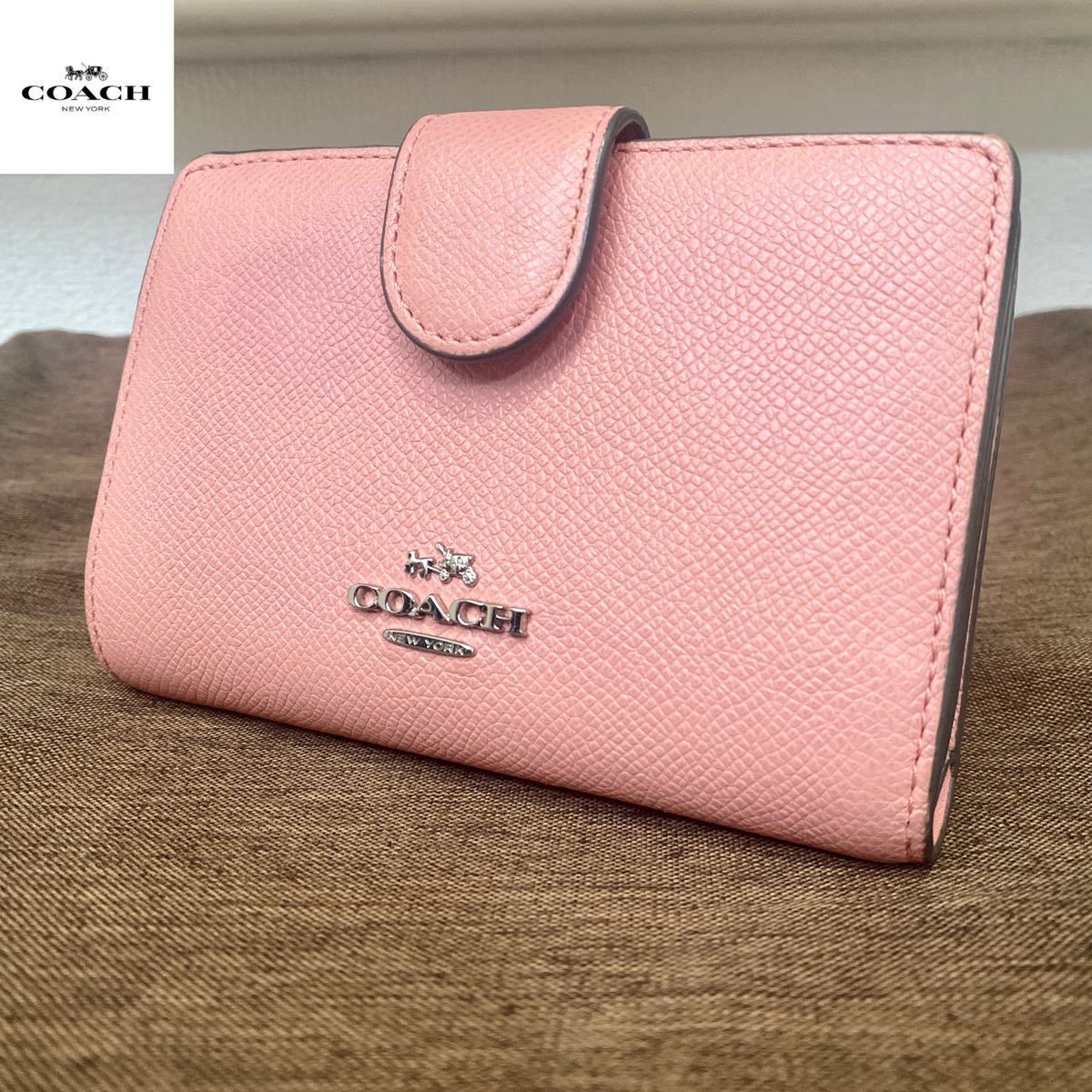白木/黒塗り COACH コーチ 二つ折り財布 シンプル ピンク
