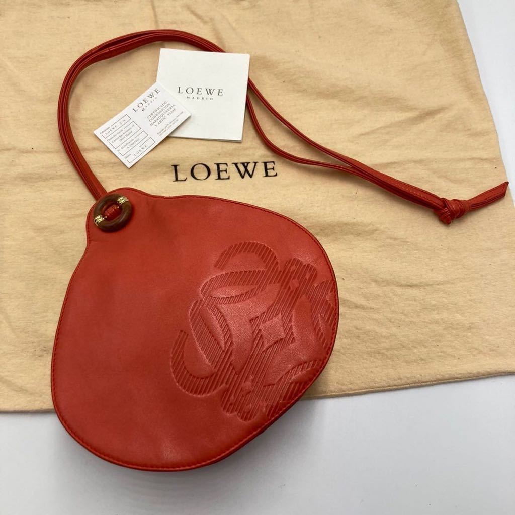 1円《極美品・超希少》 LOEWE 巾着 ショルダーバッグ ウッド ポーチ ゴールド金具 アナグラム ロエベ ポシェット 斜め ナッパレザー 赤_画像1