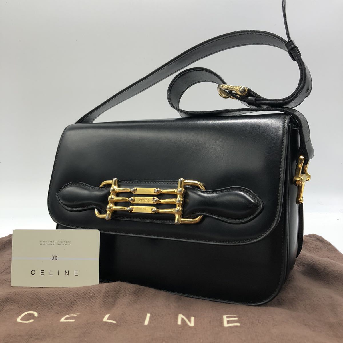 1円『極美品・希少』 CELINE 三連 ホースビット ゴールド金具 フラップ ショルダーバッグ ボックス型 セリーヌ ポシェット カーフレザー 黒_画像1