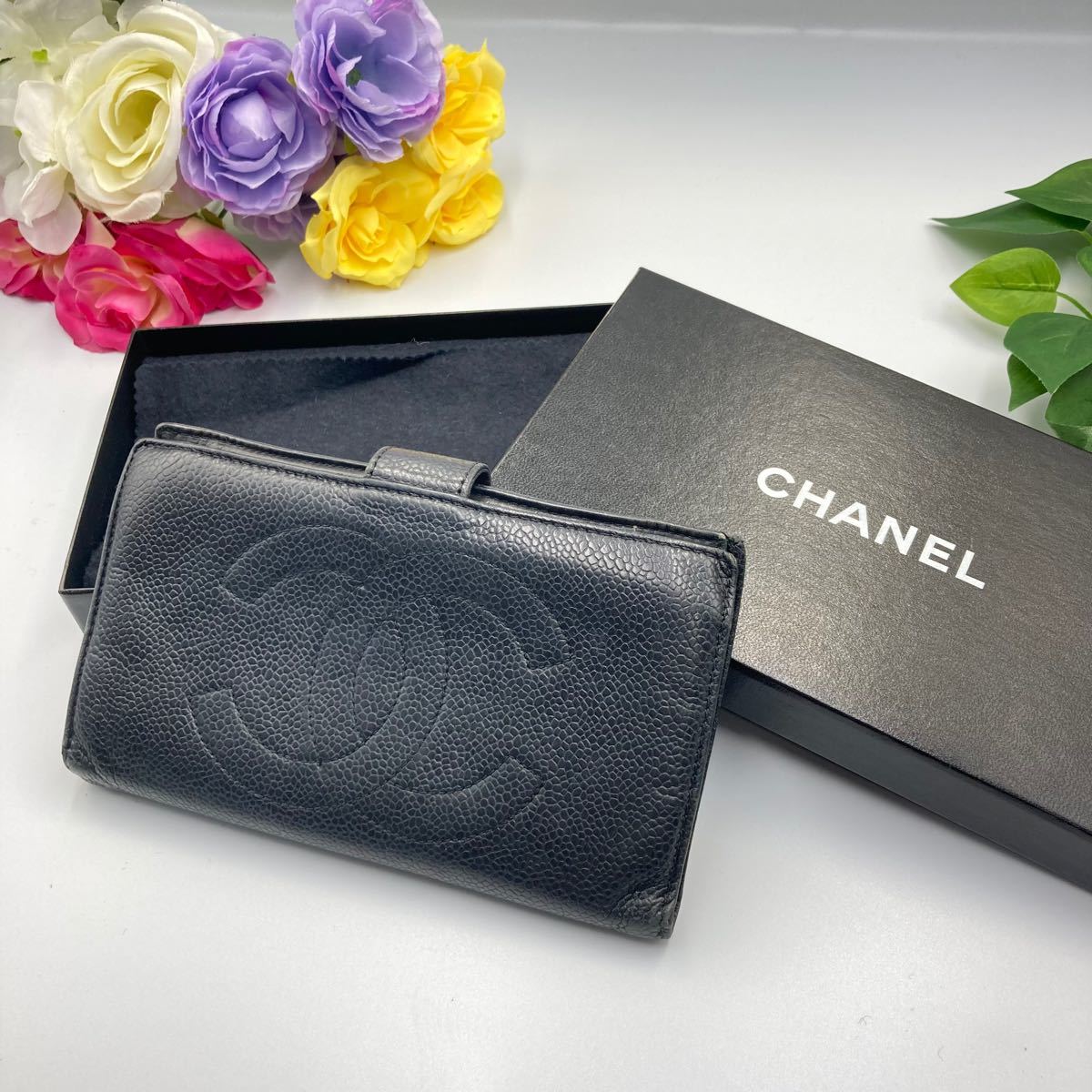 シャネル CHANEL キャビアスキン ココマーク がま口 2つ折り財布 箱