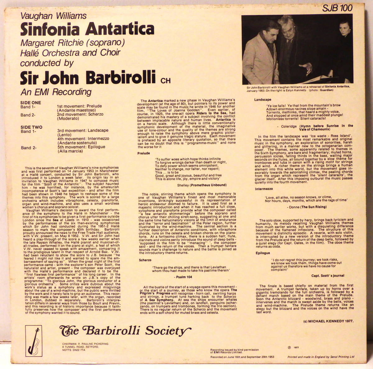 英国盤 バルビローリ V.ウィリアムズ 南極交響曲 BARBIROLLI V.WILLIAMS SINFONIA ANTARTICA THE BARBIROLLI SOCIETY SJB 100 _画像3