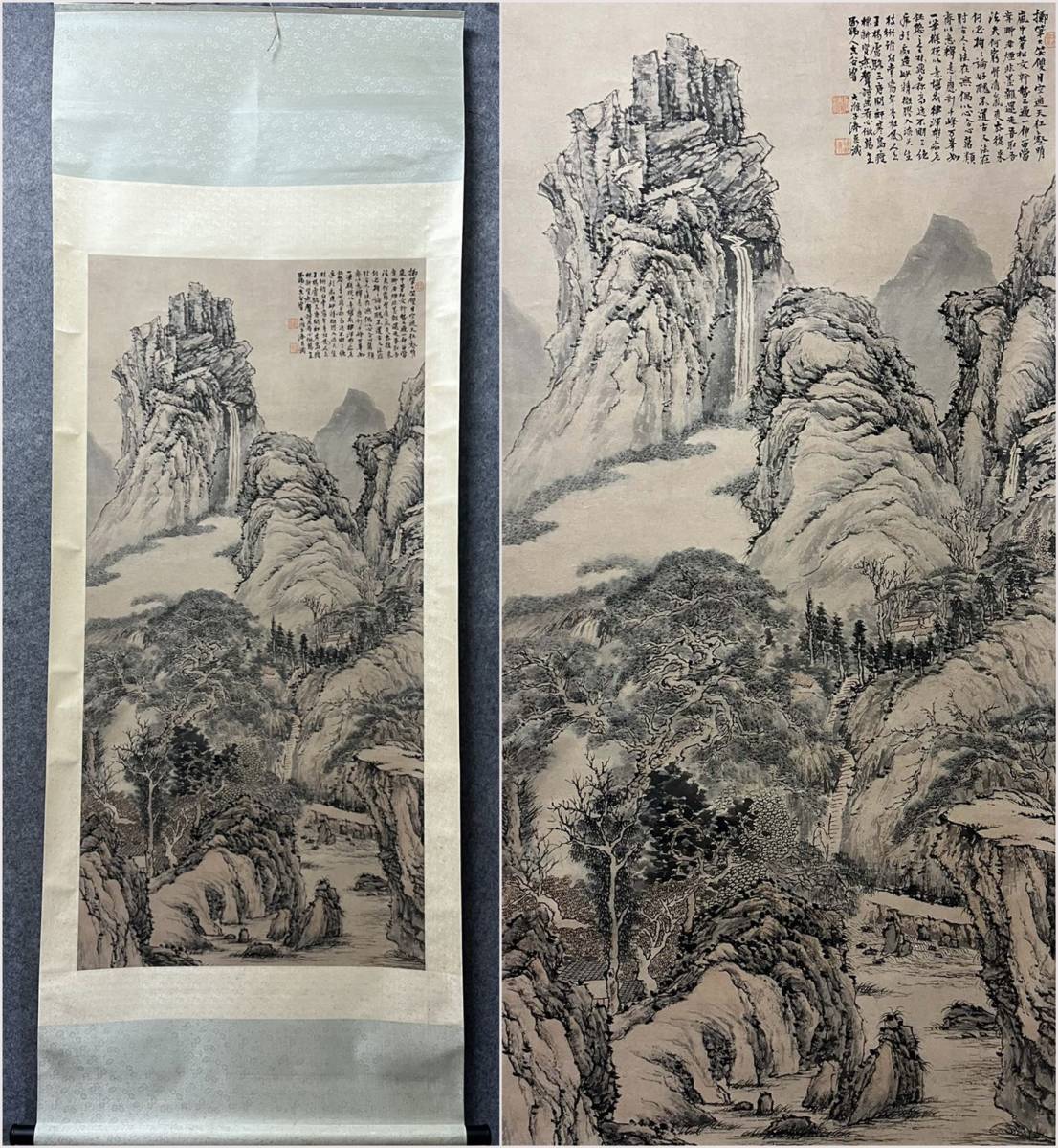 古美術 掛軸 中国・清時代 石涛書 「山水図」 紙本 立軸 肉筆保証 中国