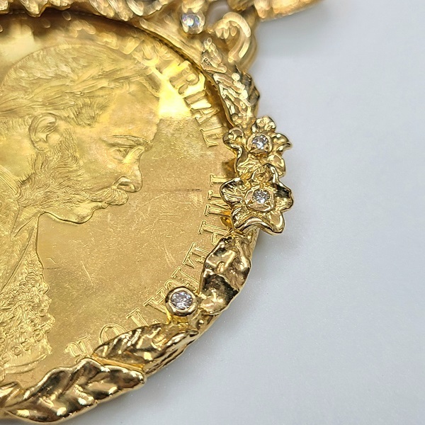 4da cut gold coin top gold 98.6 Austria K18 frame diamond 0.14ct large coin pendant top necklace top 24.3g