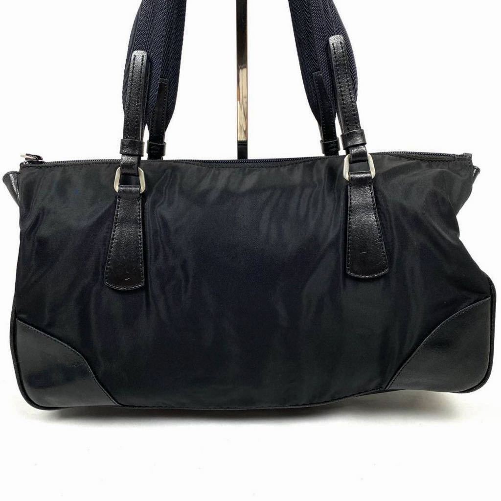 1円 正規品 PRADA プラダ トートバッグ ハンドバッグ ナイロン × レザー ロゴ 刻印 黒 ブラック レディース イタリア製 ギャランティあり