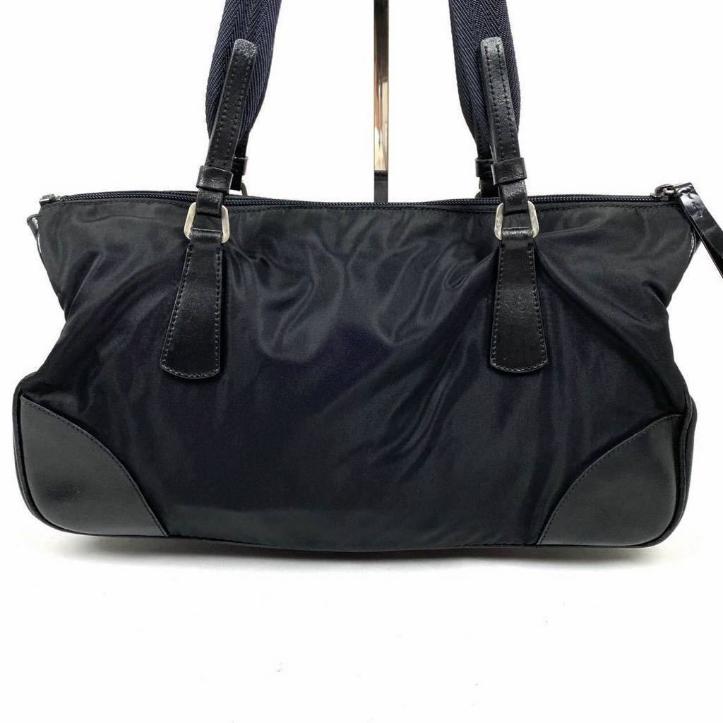 1円 正規品 PRADA プラダ トートバッグ ハンドバッグ ナイロン × レザー ロゴ 刻印 黒 ブラック レディース イタリア製 ギャランティあり