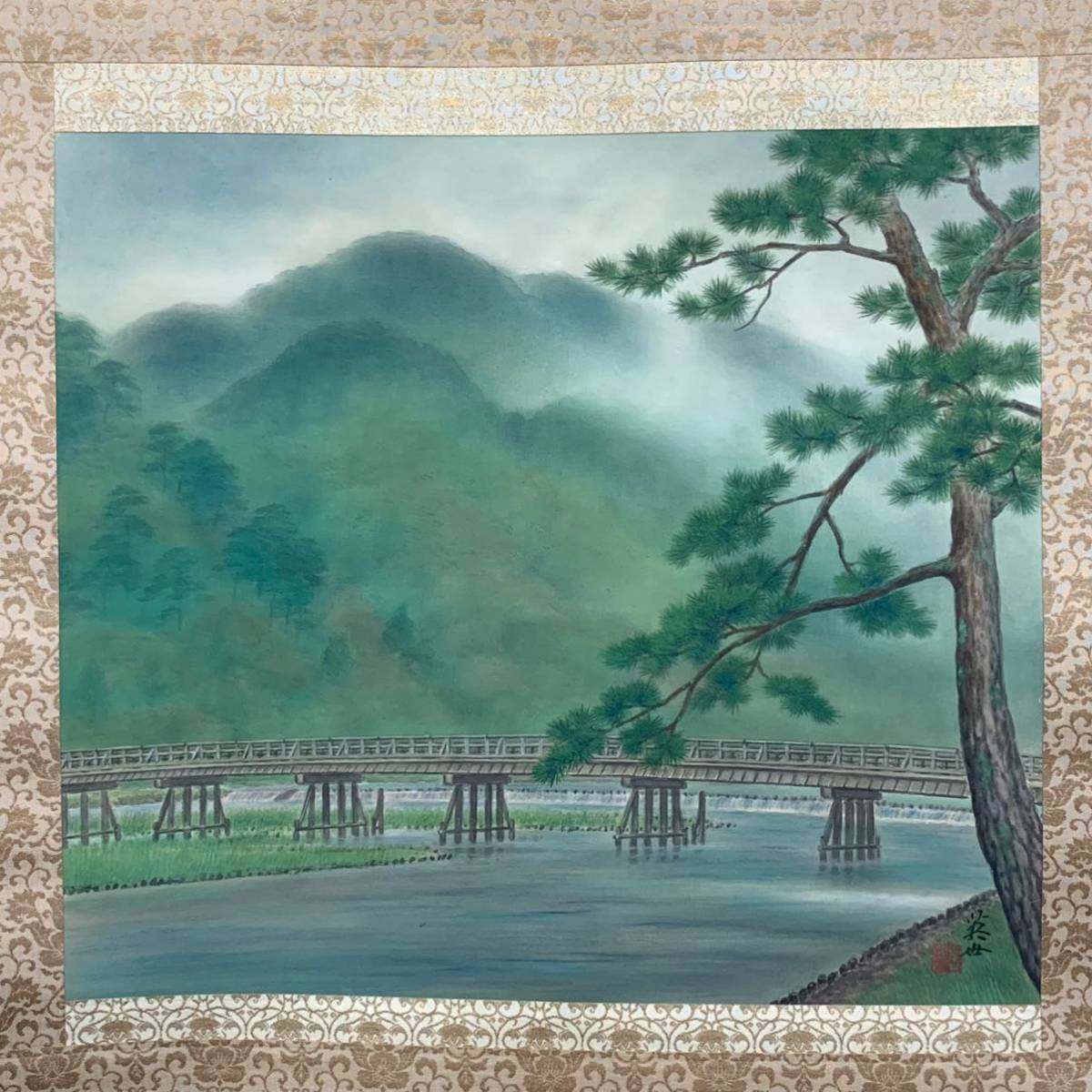 模写】（蜩84） 諸藤英世 「嵐山」 絹本 掛軸 日本画 二重箱 約144×66㎝-