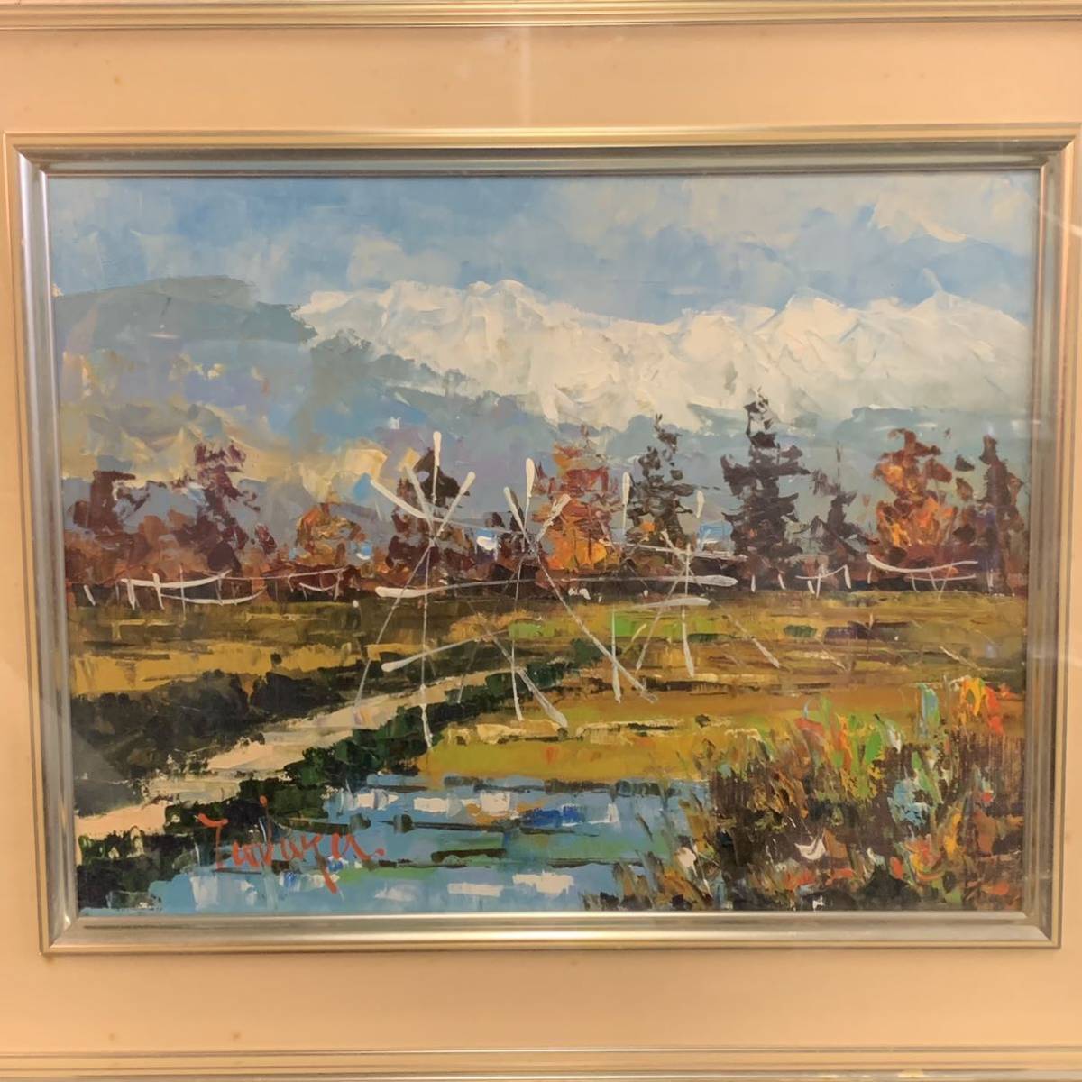  persimmon 73)[ white horse peak ] Zaimei rice field middle . oil painting landscape painting antique F6 frame amount size approximately 60×51. genuine work guarantee 