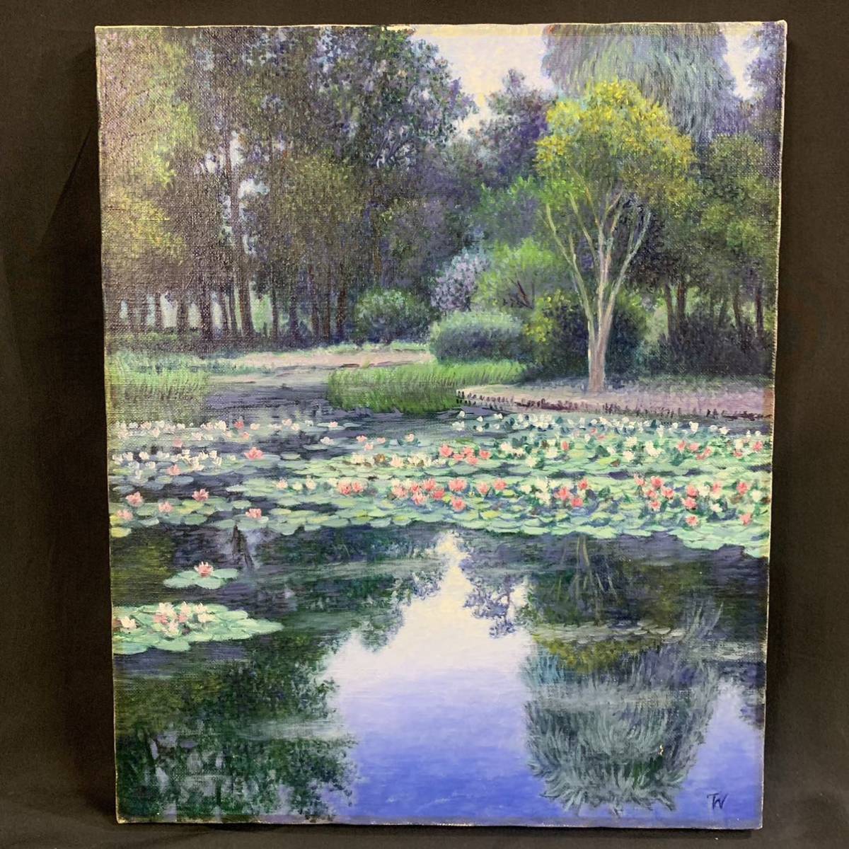 檀22)【真作】 永田哲郎 「朝の水元公園」 油彩 F8 額装 額寸約62×54㎝-