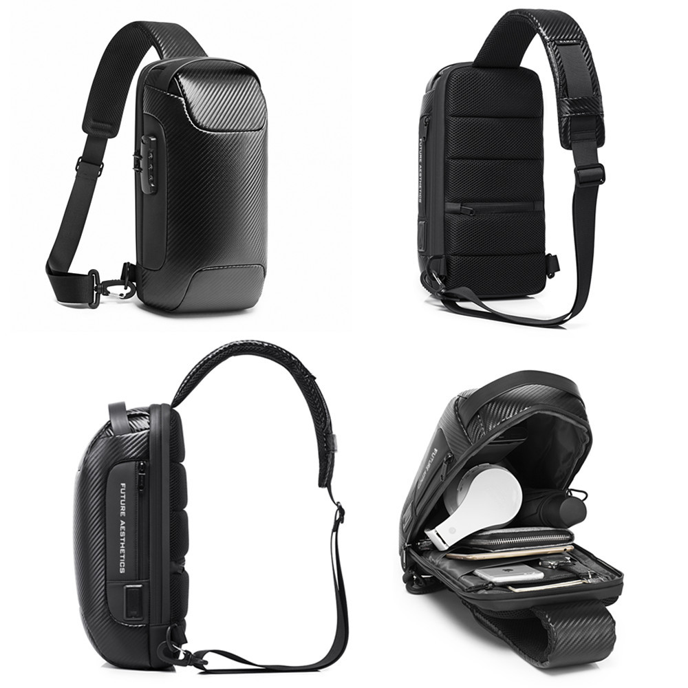 ... man waterproof multifunction carbon fibre Cross body bag USB sling shoulder bag bag pack 1p black gray 