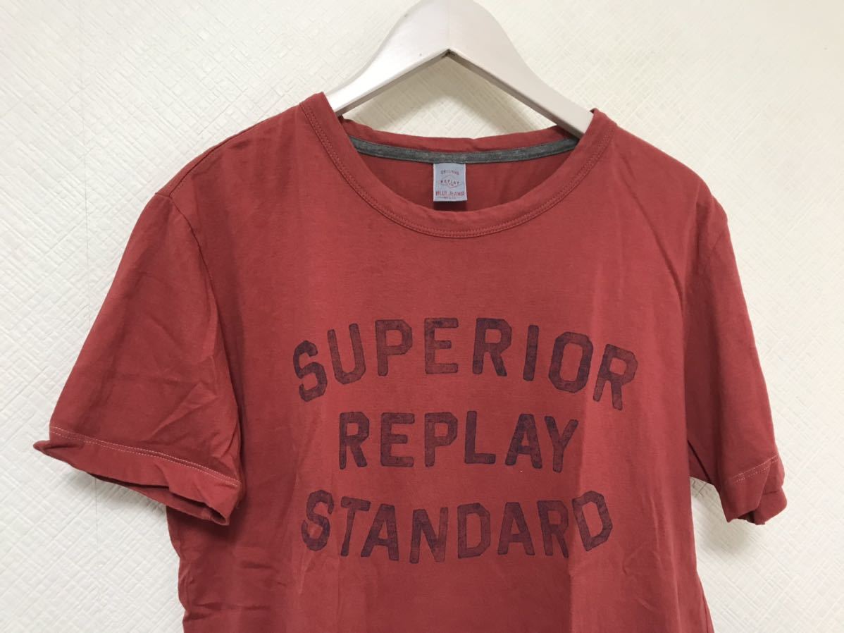 本物リプレイREPLAYコットンプリント半袖TシャツメンズビジネススーツアメカジミリタリーMサーフ赤レッド_画像2