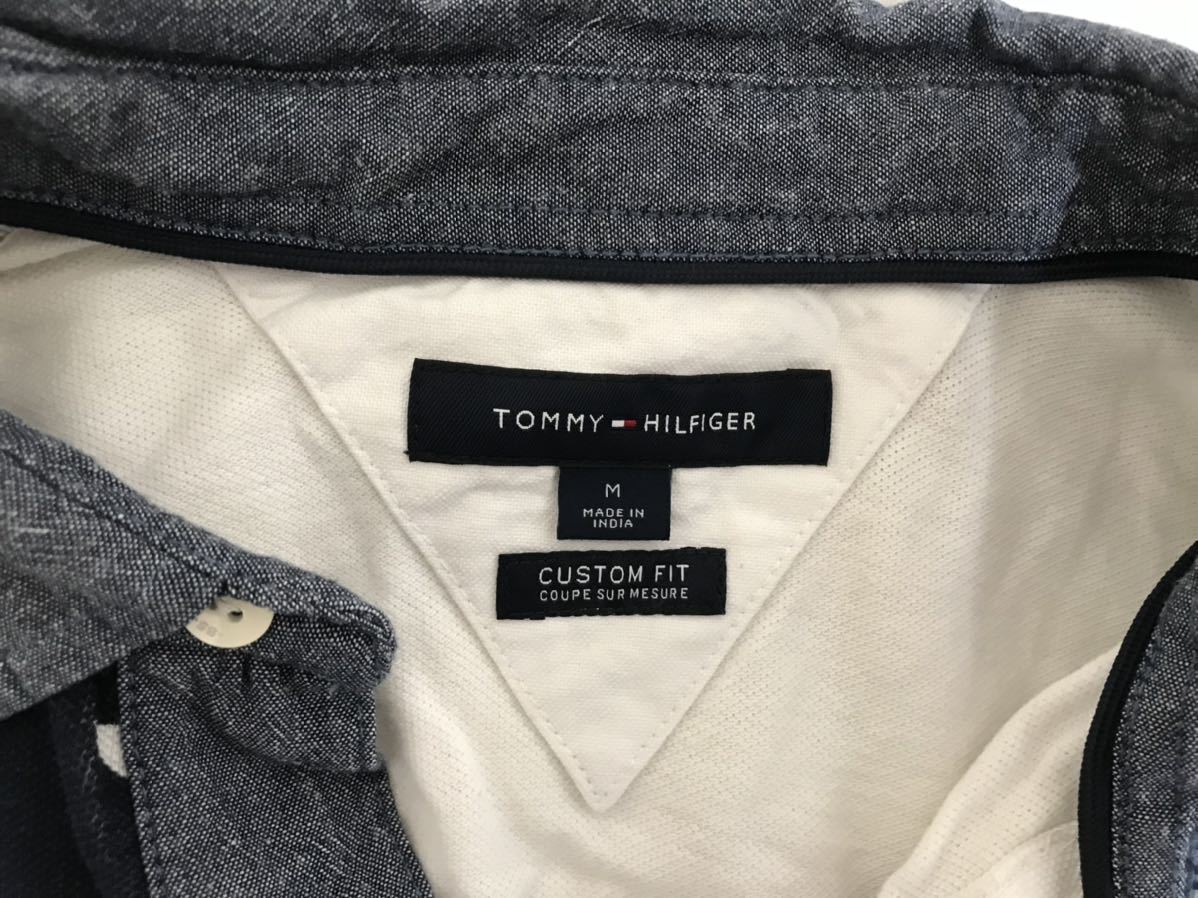 本物トミーヒルフィガーTOMMYコットンボーダー柄半袖ポロシャツメンズビジネスアメカジミリタリーサーフ白青柄Mインド製