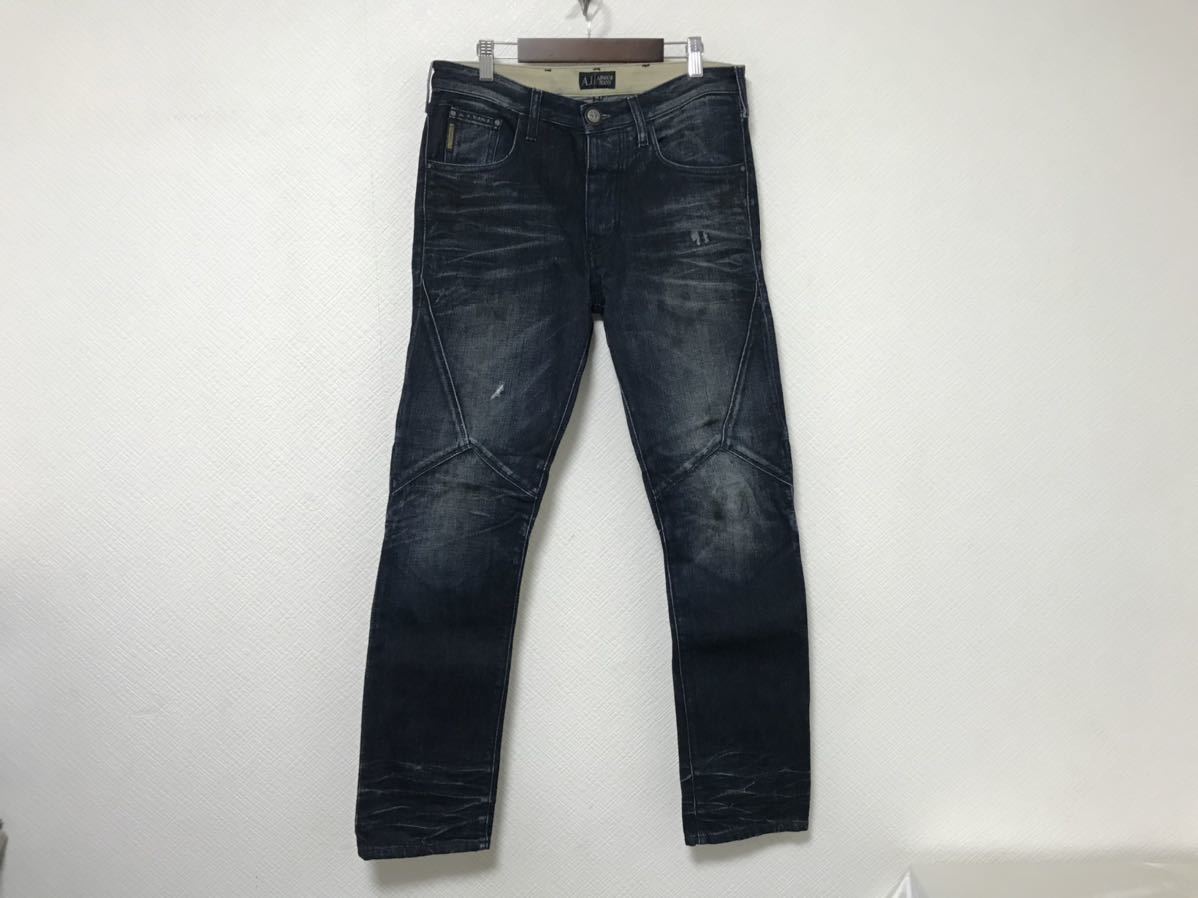 本物アルマーニジーンズARMANI JEANSコットンダメージ加工デニムパンツビジネススーツアメカジメンズミリタリー29S青ブルールーマニア製_画像1