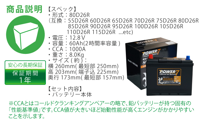 リチウムイオンバッテリー 80D26R (互換：55D26R 60D26R etc... ）軽量 カーバッテリ ー BMS LiF ePO4_画像3