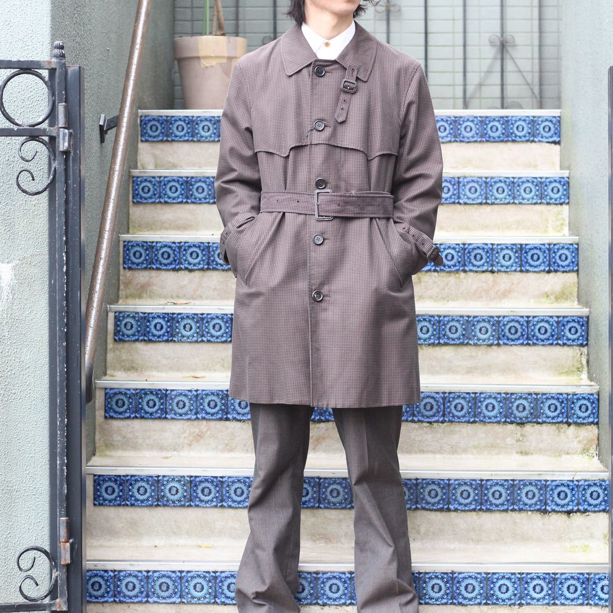 Aquascutum HOUNDSTOOTH PATTERNED SINGLE TRENCH COAT MADE IN ENGLAND/アクアスキュータム千鳥格子柄トレンチコート